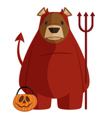 Vector Halloween Cartoon Bear Illustration in Red Devil Demon Costume Holding a Pitchfork and a Trick or Treat Jack O'Lantern Bucket
