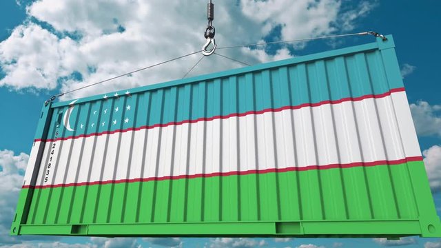 Loading container with flag of Uzbekistan. Uzbek import or export related conceptual 3D animation