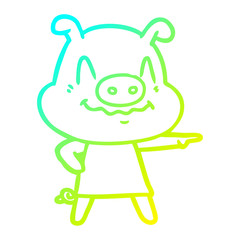 cold gradient line drawing nervous cartoon pig wearing dress