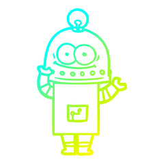 cold gradient line drawing happy carton robot with light bulb