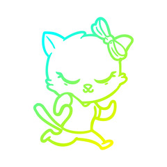 cold gradient line drawing cute cartoon cat with bow