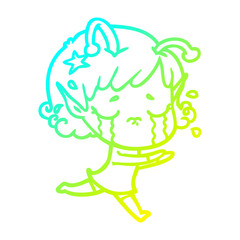 cold gradient line drawing cartoon crying alien girl