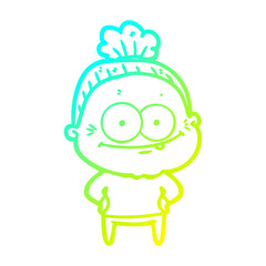 cold gradient line drawing cartoon happy old woman