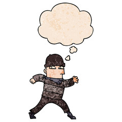 cartoon thief and thought bubble in grunge texture pattern style