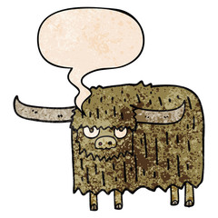 cartoon hairy cow and speech bubble in retro texture style