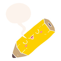 cute cartoon pencil and speech bubble in retro style