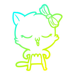 cold gradient line drawing cartoon cat with bow on head
