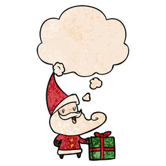 cartoon santa claus and thought bubble in grunge texture pattern style