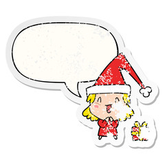 cartoon girl wearing christmas hat and speech bubble distressed sticker