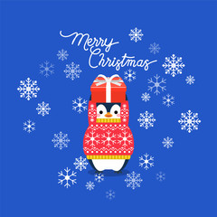 Vector holiday Christmas greeting card with cartoon penguin, snow flakes and Merry Christmas lettering.