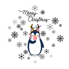 Vector holiday Christmas greeting card with cartoon penguin, snow flakes and Merry Christmas lettering.