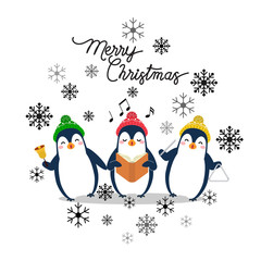 Vector holiday Christmas greeting card with cartoon penguins, snow flakes and Merry Christmas lettering.