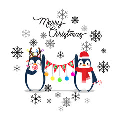 Vector holiday Christmas greeting card with cartoon penguins, snow flakes and Merry Christmas lettering.