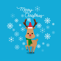 Vector holiday Christmas greeting card with cartoon red nose reindeer, snow flakes  and Merry Christmas lettering. 