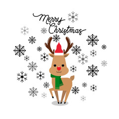 Vector holiday Christmas greeting card with cartoon red nose reindeer, snow flakes  and Merry Christmas lettering. 