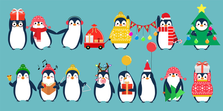 Christmas penguin characters. Penguins cartoon vector illustration. 