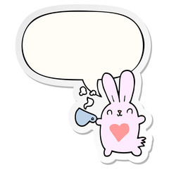 cute cartoon rabbit and love heart and coffee cup and speech bubble sticker