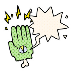 spooky halloween zombie hand and speech bubble in comic book style