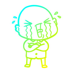 cold gradient line drawing cartoon crying bald man