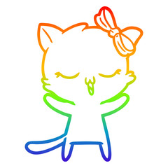 rainbow gradient line drawing cartoon cat with bow on head
