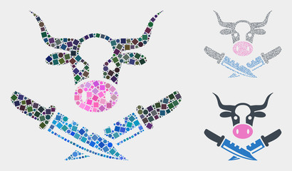 Mosaic Cow butchery icon organized from round and square items in various sizes, positions and proportions. Vector round and square spots are combined into abstract mosaic cow butchery icons.