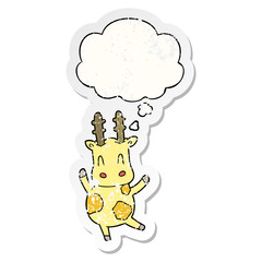 cute cartoon giraffe and thought bubble as a distressed worn sticker