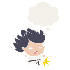 cartoon kicking karate champ and thought bubble in retro style
