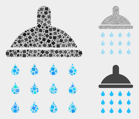 Collage Shower drops icon united from spheric and square items in variable sizes, positions and proportions. Vector spheric and square items are united into abstract shape shower drops icons.