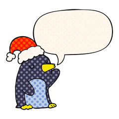 cute cartoon christmas penguin and speech bubble in comic book style