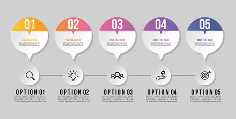 Timeline Infographic Design Template with 5 Options Steps. Start to goal line process. Used for info graph, presentations, process, diagrams, annual reports, workflow layout. Vector Illustration