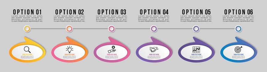 Timeline Infographic Design Template with 6 Options Steps. Start to goal line process. Used for info graph, presentations, process, diagrams, annual reports, workflow layout. Vector Illustration