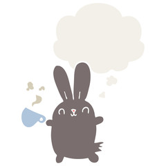 cute cartoon rabbit with coffee cup and thought bubble in retro style