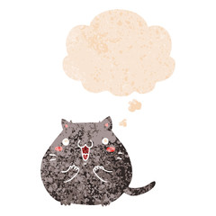 happy cartoon cat and thought bubble in retro textured style