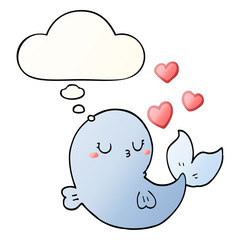 cute cartoon whale in love and thought bubble in smooth gradient style