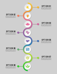 Timeline Infographic Design Template with 8 Options Steps. Start to goal line process. Used for info graph, presentations, process, diagrams, annual reports, workflow layout. Vector Illustration