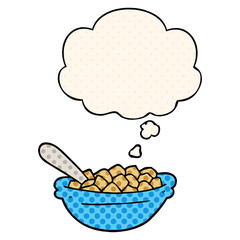 cartoon cereal bowl and thought bubble in comic book style