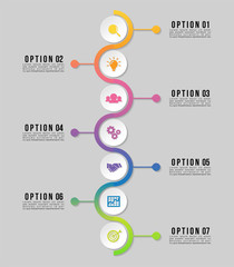 Timeline Infographic Design Template with 7 Options Steps. Start to goal line process. Used for info graph, presentations, process, diagrams, annual reports, workflow layout. Vector Illustration