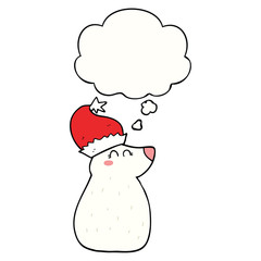 cartoon bear wearing christmas hat and thought bubble