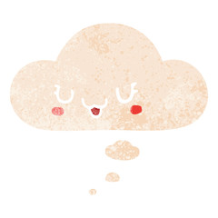 cute happy cartoon face and thought bubble in retro textured style