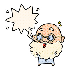 cute cartoon surprised old man and speech bubble in comic book style