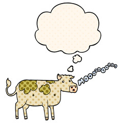 cartoon cow and thought bubble in comic book style