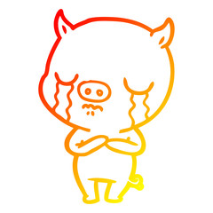warm gradient line drawing cartoon pig crying