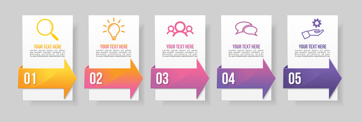 Timeline Infographic Design Template with 5 Options Steps. Start to goal line process. Used for info graph, presentations, process, diagrams, annual reports, workflow layout. Vector Illustration
