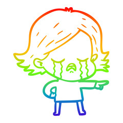 rainbow gradient line drawing cartoon girl crying and pointing