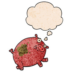 cartoon pig and thought bubble in grunge texture pattern style