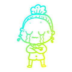 cold gradient line drawing cartoon crying old lady