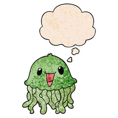cartoon jellyfish and thought bubble in grunge texture pattern style