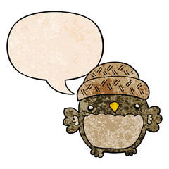 cute cartoon owl in hat and speech bubble in retro texture style