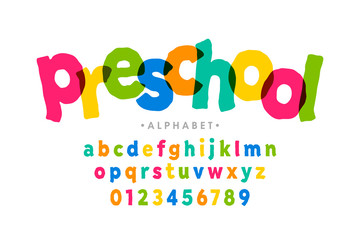 Preschool, kids style colorful font, alphabet letters and numbers