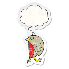 cartoon bird and thought bubble as a distressed worn sticker
